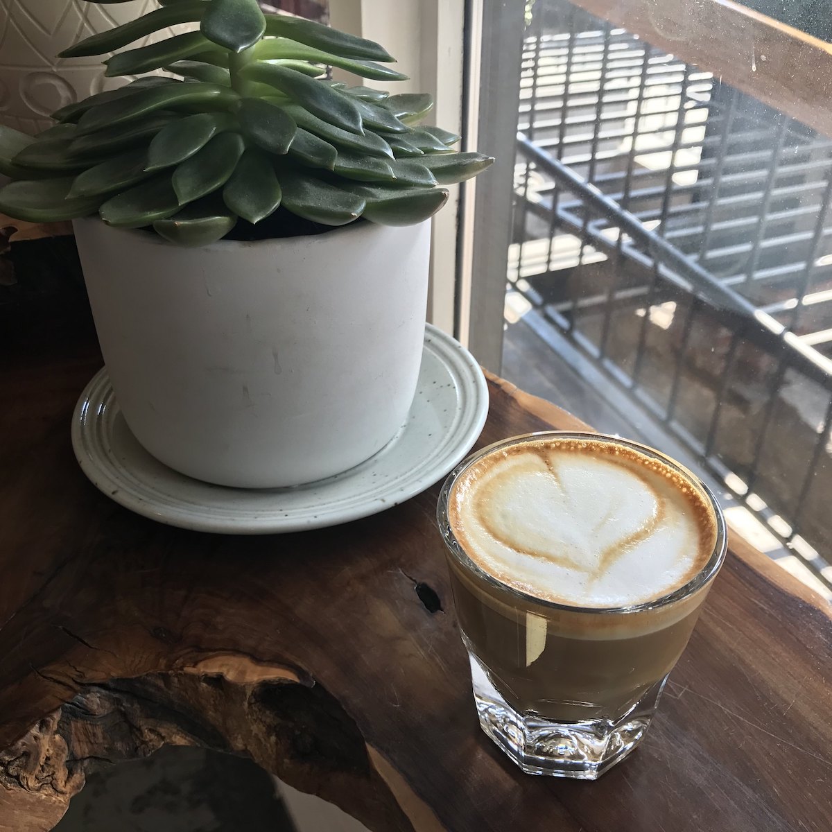 Primer plano de un cortado en un vaso transparente sobre un mostrador de madera junto a una suculenta en maceta