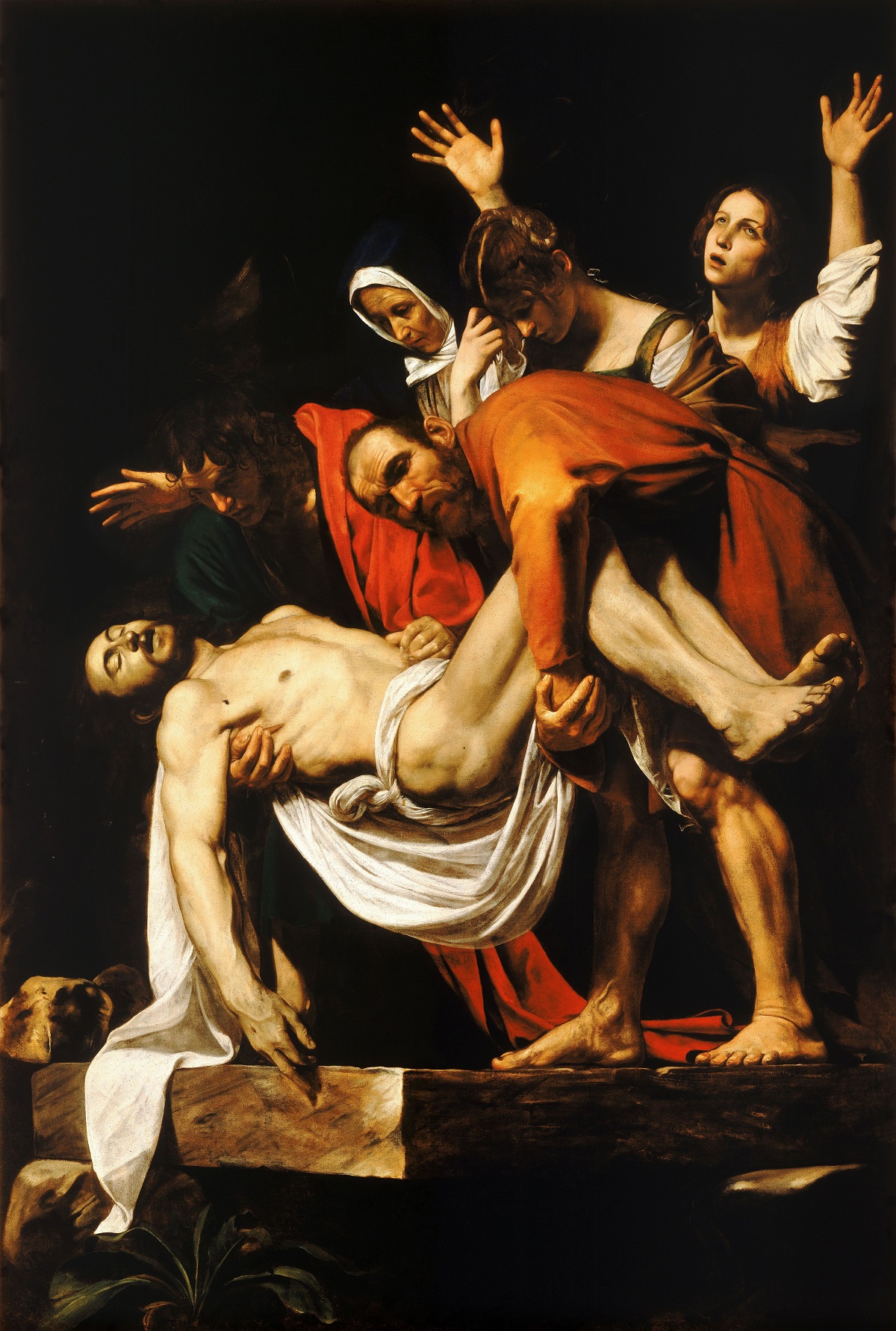 El estilo oscuro de Caravaggio está en plena exhibición en El entierro de Cristo.