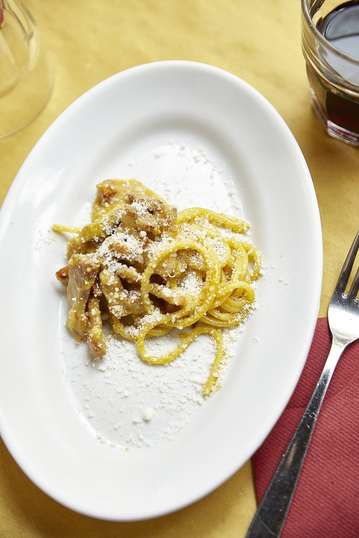 Fotografía cenital de pasta carbonara en un plato blanco.
