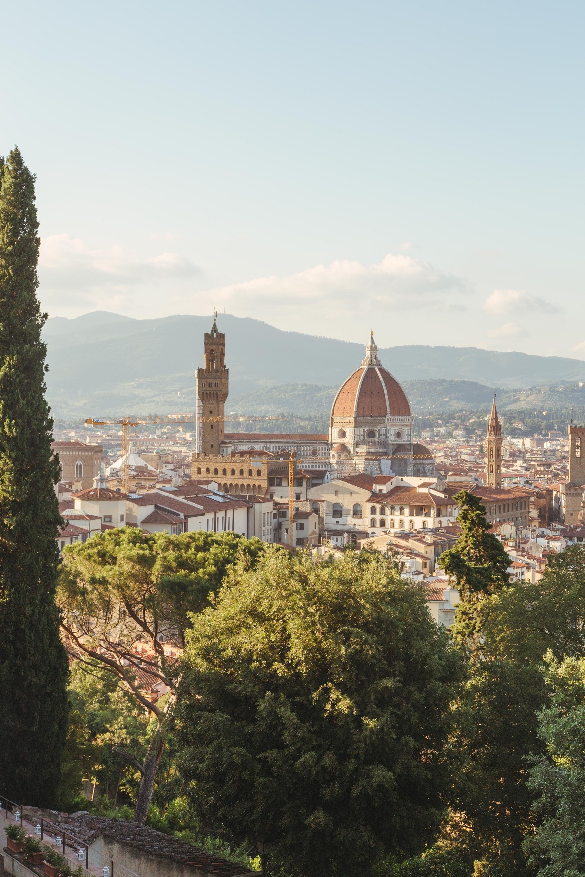 Una vista de la montaña de Florencia con árboles verdes en primer plano y el Duomo en el fondo
