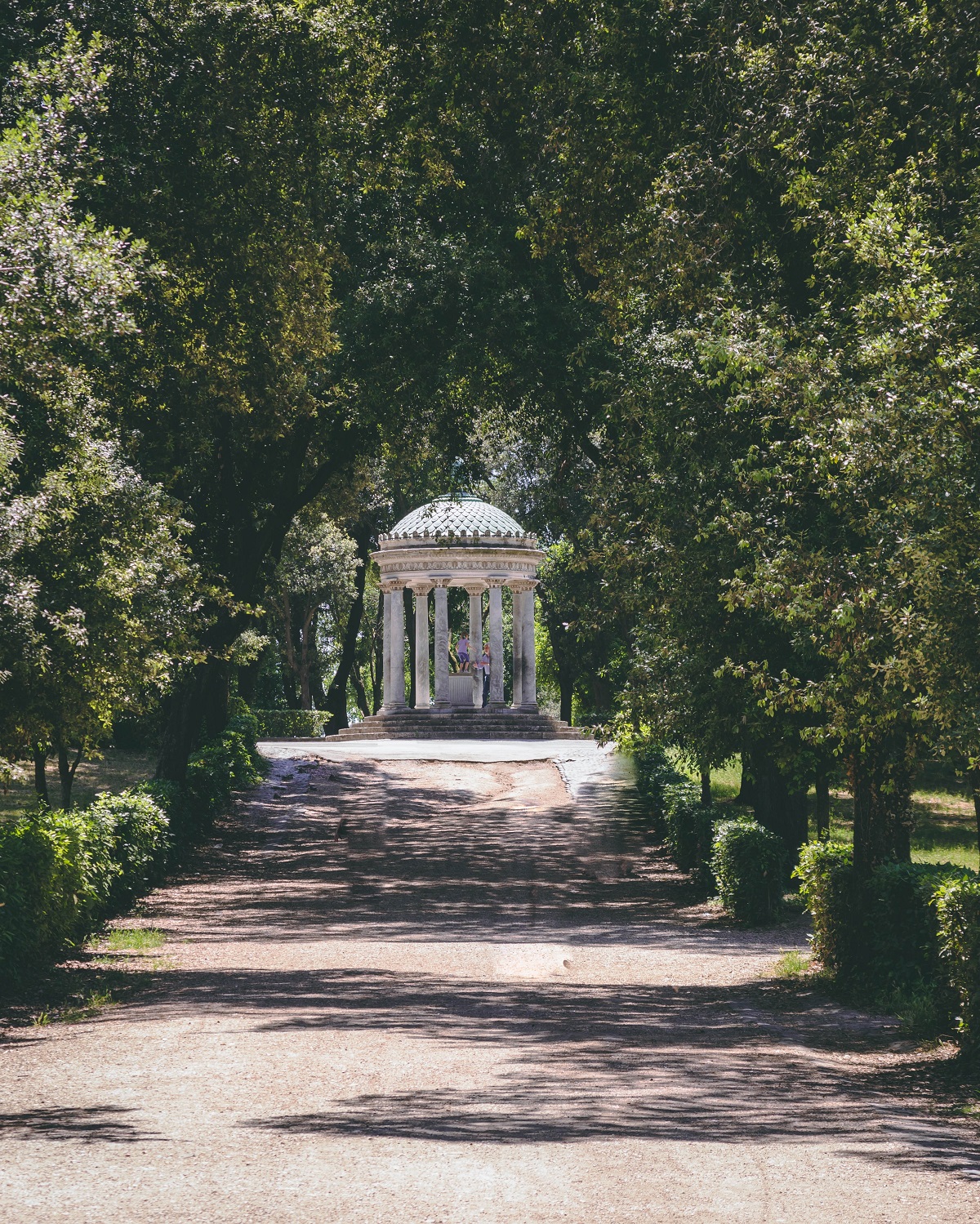 Un amplio camino rodeado de vegetación en la Villa Borghese en Roma