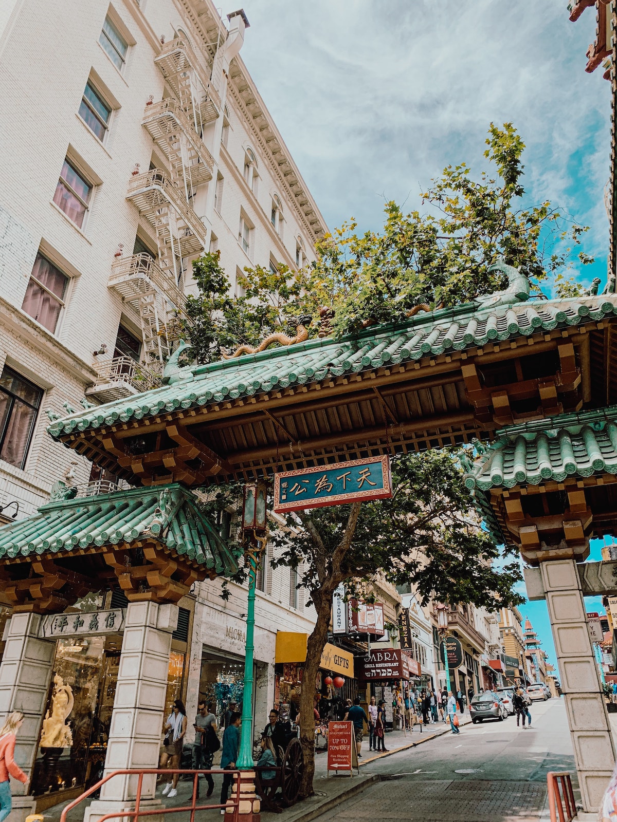 El Dragon Gate verde y blanco a la entrada de Chinatown en San Francisco, con un cielo azul con tenues nubes blancas encima