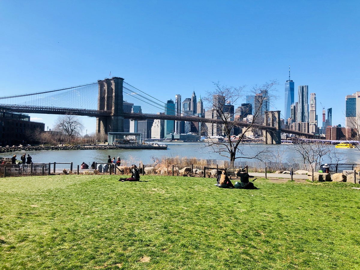 Pequeños grupos de personas pasaban el rato en un espacio verde frente al agua con el puente de Brooklyn al fondo