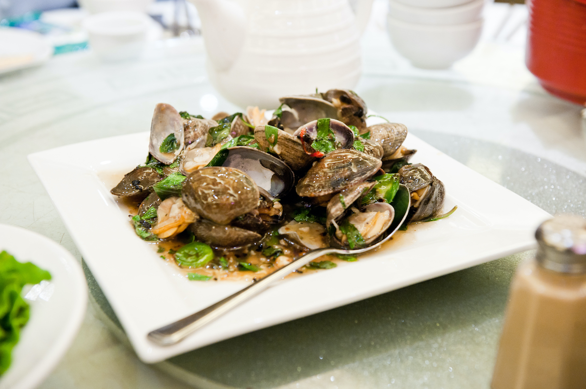Almejas adornadas con hierbas frescas en un plato blanco cuadrado