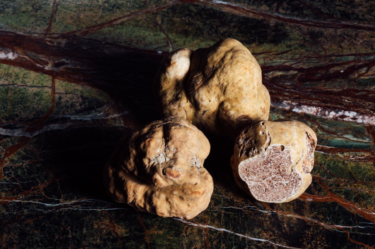 Tres trufas blancas sobre un fondo oscuro